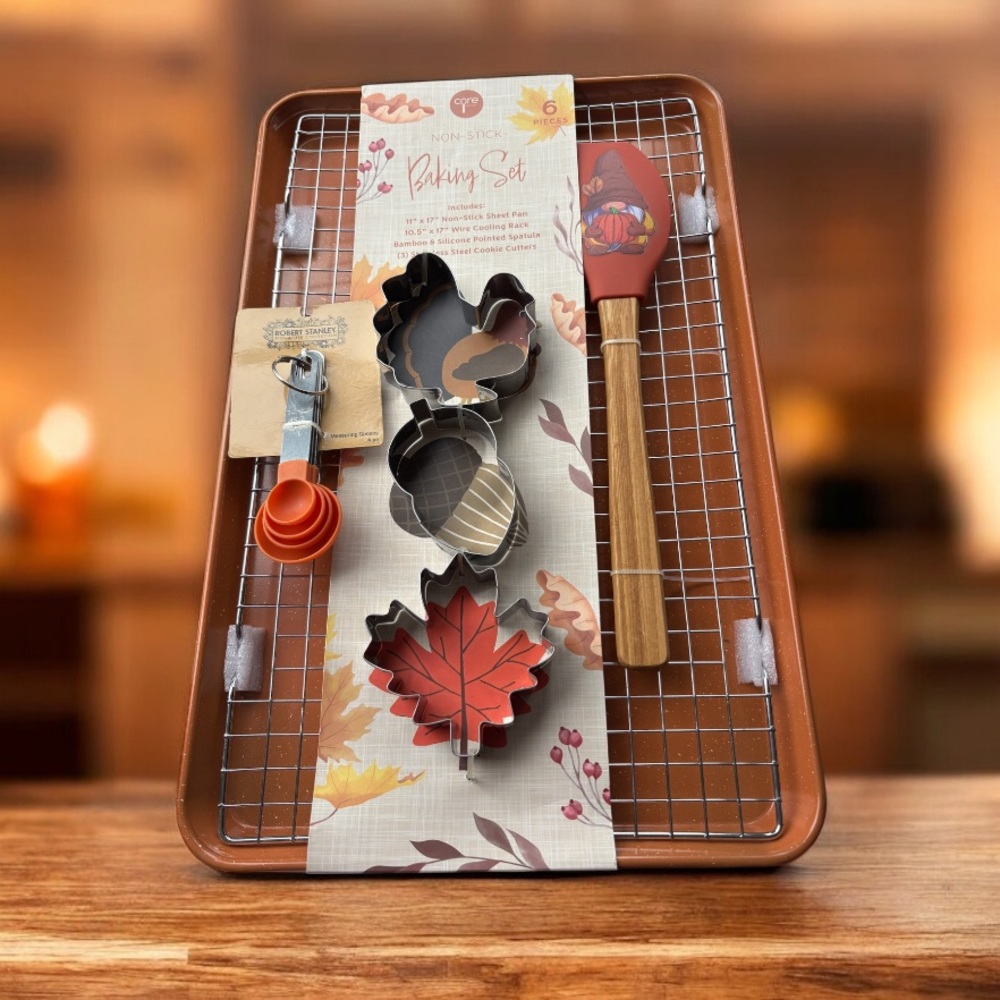 Baking Set with Leaf Cookie Cutters, Gnome Spatula and orange measuring spoons